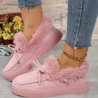 Thumbnail for Bow Furry Round Toe Flat Slip-Ons