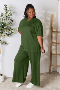 Thumbnail for Double Take Full Size Round Neck Slit Top and Pants Set