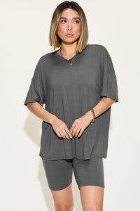 Thumbnail for Basic Bae Full Size V-Neck Drop Shoulder Short Sleeve T-Shirt and Shorts Set