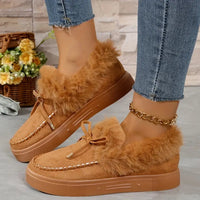 Thumbnail for Bow Furry Round Toe Flat Slip-Ons