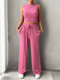 Thumbnail for Mock Neck Sleeveless Top and Drawstring Pants Set