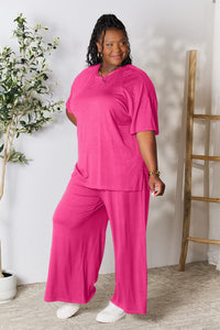 Thumbnail for Double Take Full Size Round Neck Slit Top and Pants Set
