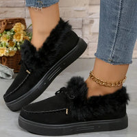 Thumbnail for Bow Furry Round Toe Flat Slip-Ons