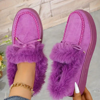 Thumbnail for Bow Furry Round Toe Flat Slip-Ons