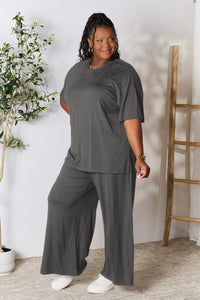 Thumbnail for Double Take Full Size Round Neck Slit Top and Pants Set