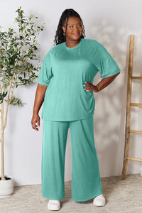 Thumbnail for Double Take Full Size Round Neck Slit Top and Pants Set