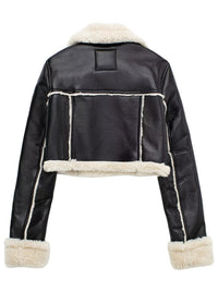Thumbnail for Collared Neck Long Sleeve Plush Cropped Jacket