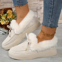 Thumbnail for Bow Furry Round Toe Flat Slip-Ons