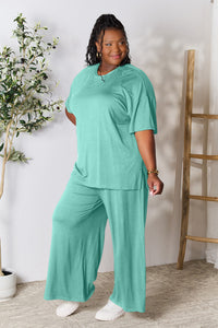 Thumbnail for Double Take Full Size Round Neck Slit Top and Pants Set