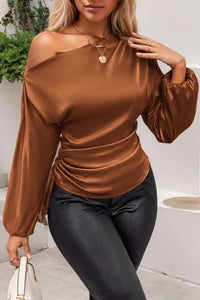 Thumbnail for Drawstring One Shoulder Long Sleeve Blouse