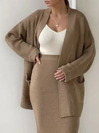 Thumbnail for Pocketed Long Sleeve Cardigan and Skirt Sweater Set