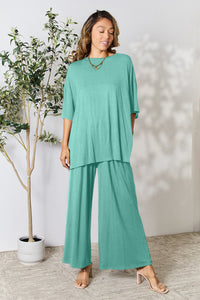 Thumbnail for Double Take Full Size Round Neck Slit Top and Pants Set