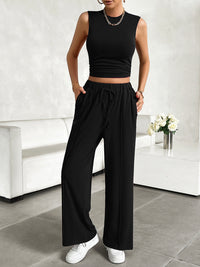 Thumbnail for Mock Neck Sleeveless Top and Drawstring Pants Set