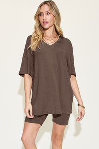 Thumbnail for Basic Bae Full Size V-Neck Drop Shoulder Short Sleeve T-Shirt and Shorts Set