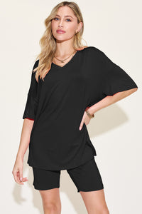 Thumbnail for Basic Bae Bamboo Full Size V-Neck Drop Shoulder T-Shirt and Shorts Set