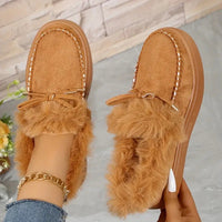 Thumbnail for Bow Furry Round Toe Flat Slip-Ons