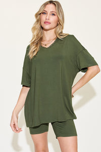 Thumbnail for Basic Bae Full Size V-Neck Drop Shoulder Short Sleeve T-Shirt and Shorts Set