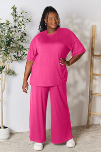 Thumbnail for Double Take Full Size Round Neck Slit Top and Pants Set