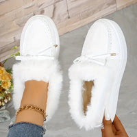Thumbnail for Bow Furry Round Toe Flat Slip-Ons