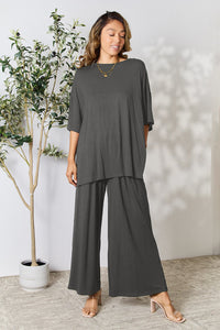 Thumbnail for Double Take Full Size Round Neck Slit Top and Pants Set