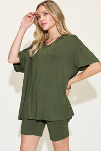 Thumbnail for Basic Bae Full Size V-Neck Drop Shoulder Short Sleeve T-Shirt and Shorts Set