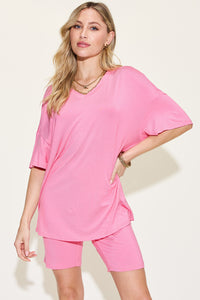 Thumbnail for Basic Bae Full Size V-Neck Drop Shoulder Short Sleeve T-Shirt and Shorts Set