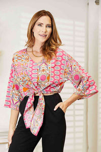 Thumbnail for Double Take Tie Hem V-Neck Three-Quarter Sleeve Blouse