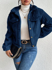 Thumbnail for Fuzzy Button Up Collared Neck Jacket