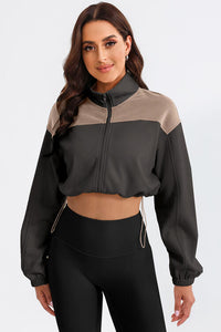 Thumbnail for Contrast Drawstring Zip Up Jacket