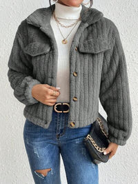 Thumbnail for Fuzzy Button Up Collared Neck Jacket