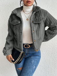 Thumbnail for Fuzzy Button Up Collared Neck Jacket