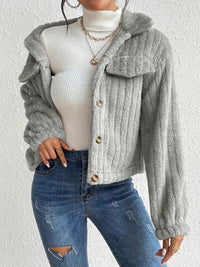 Thumbnail for Fuzzy Button Up Collared Neck Jacket