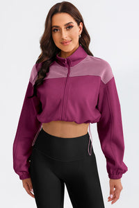 Thumbnail for Contrast Drawstring Zip Up Jacket