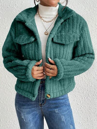 Thumbnail for Fuzzy Button Up Collared Neck Jacket