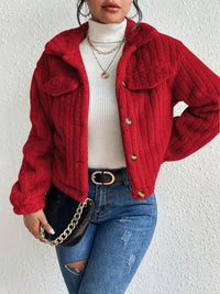 Thumbnail for Fuzzy Button Up Collared Neck Jacket