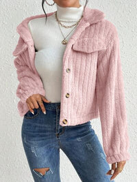 Thumbnail for Fuzzy Button Up Collared Neck Jacket