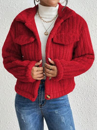 Thumbnail for Fuzzy Button Up Collared Neck Jacket