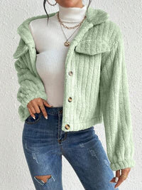 Thumbnail for Fuzzy Button Up Collared Neck Jacket