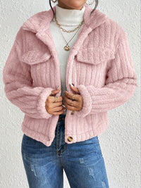 Thumbnail for Fuzzy Button Up Collared Neck Jacket
