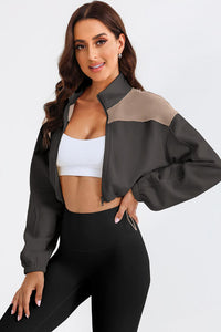 Thumbnail for Contrast Drawstring Zip Up Jacket