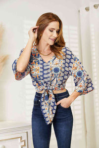 Thumbnail for Double Take Tie Hem V-Neck Three-Quarter Sleeve Blouse