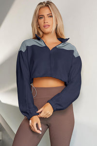 Thumbnail for Contrast Drawstring Zip Up Jacket