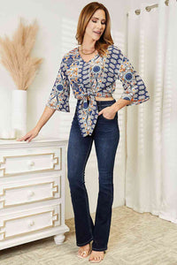 Thumbnail for Double Take Tie Hem V-Neck Three-Quarter Sleeve Blouse