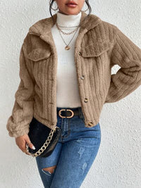 Thumbnail for Fuzzy Button Up Collared Neck Jacket
