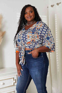 Thumbnail for Double Take Tie Hem V-Neck Three-Quarter Sleeve Blouse