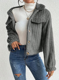 Thumbnail for Fuzzy Button Up Collared Neck Jacket