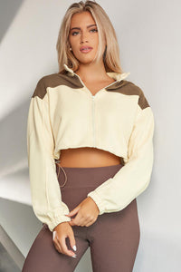 Thumbnail for Contrast Drawstring Zip Up Jacket