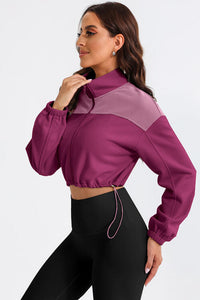 Thumbnail for Contrast Drawstring Zip Up Jacket