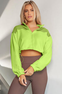 Thumbnail for Contrast Drawstring Zip Up Jacket