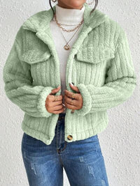 Thumbnail for Fuzzy Button Up Collared Neck Jacket